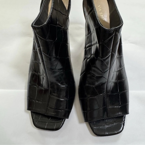 Via Spiga SZ 8 Terese Black Leather 4” Heels Crocodile Embossed Square Peep Toe - Picture 6 of 11